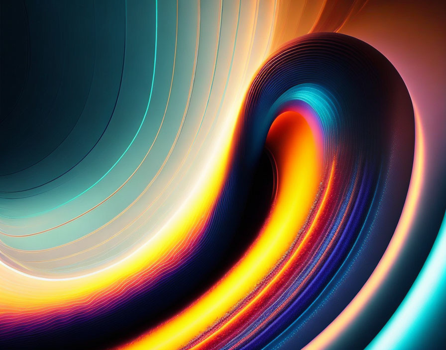 Colorful digital abstract art with flowing curves in blue, orange, and purple hues