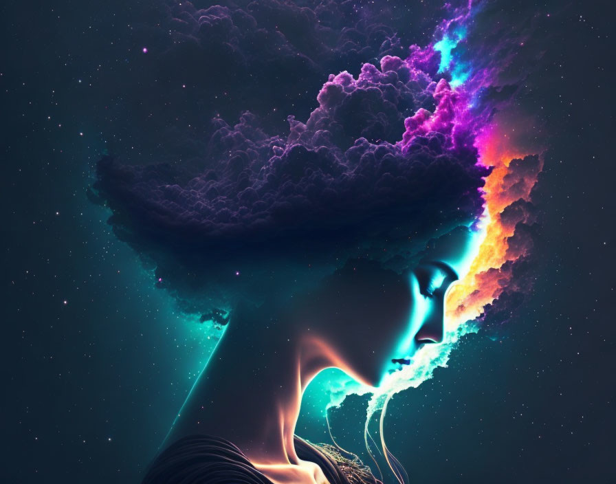 Vibrant digital artwork: surreal human head profile with cosmic clouds and nebulae