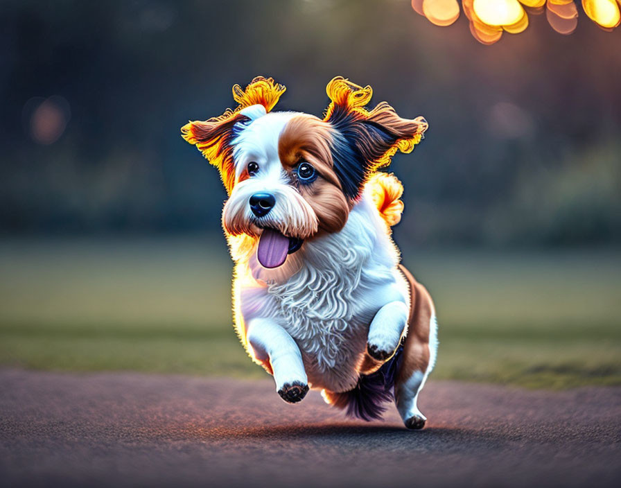 Playful dog with flame-like ear fur running in blurred lights.