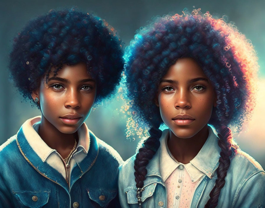 Identical twins with blue and purple curly hair in denim outfits