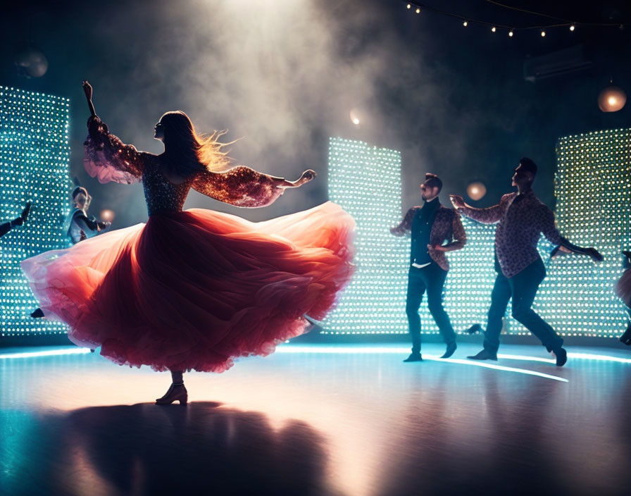 Woman in Red Dress Twirling on Dance Floor with Silhouetted Figures