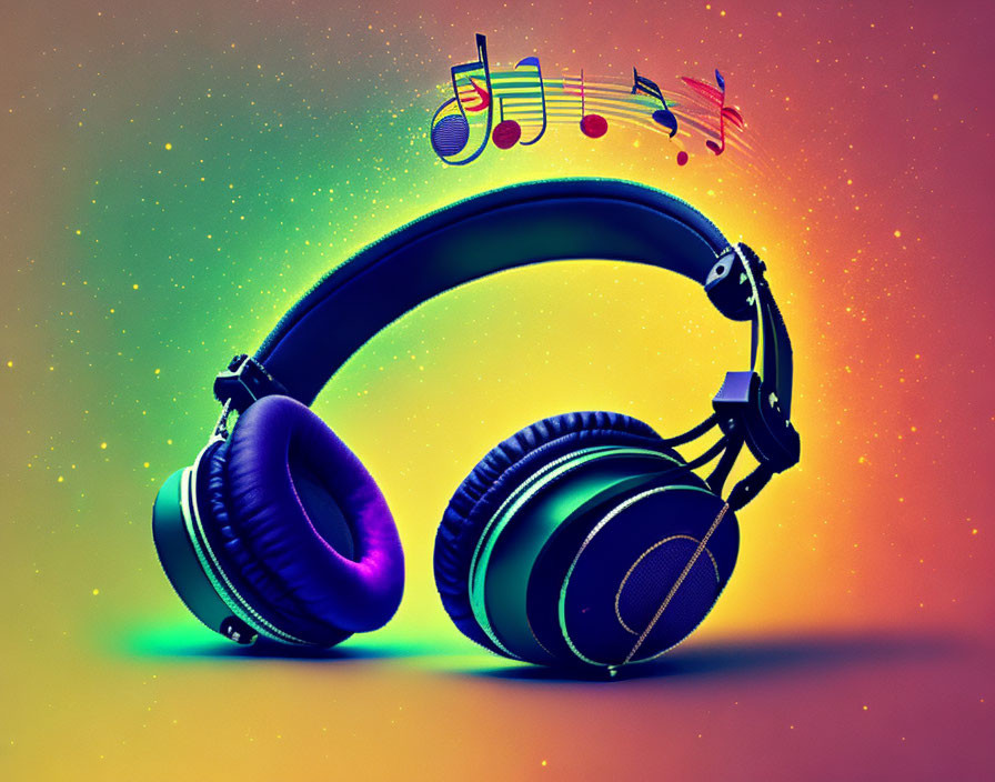 Colorful headphones with music notes on gradient background.