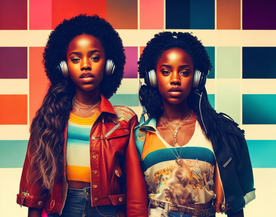 Two women with headphones on colorful square-patterned background