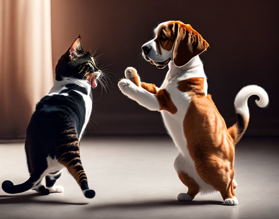 Black and white cat and brown puppy standing on hind legs face each other