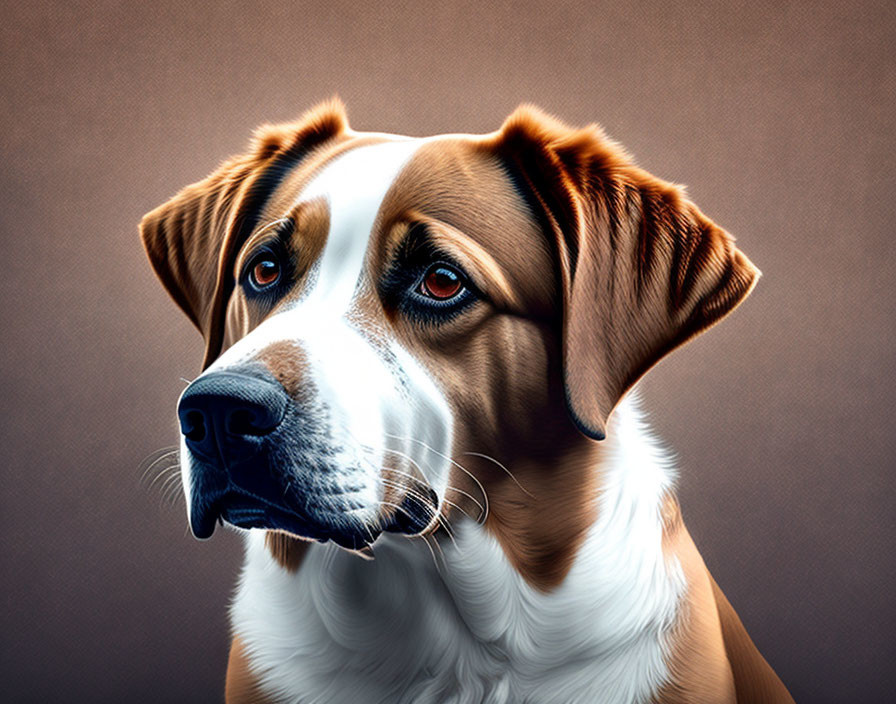 Brown and White Dog Portrait with Soulful Eyes on Textured Background