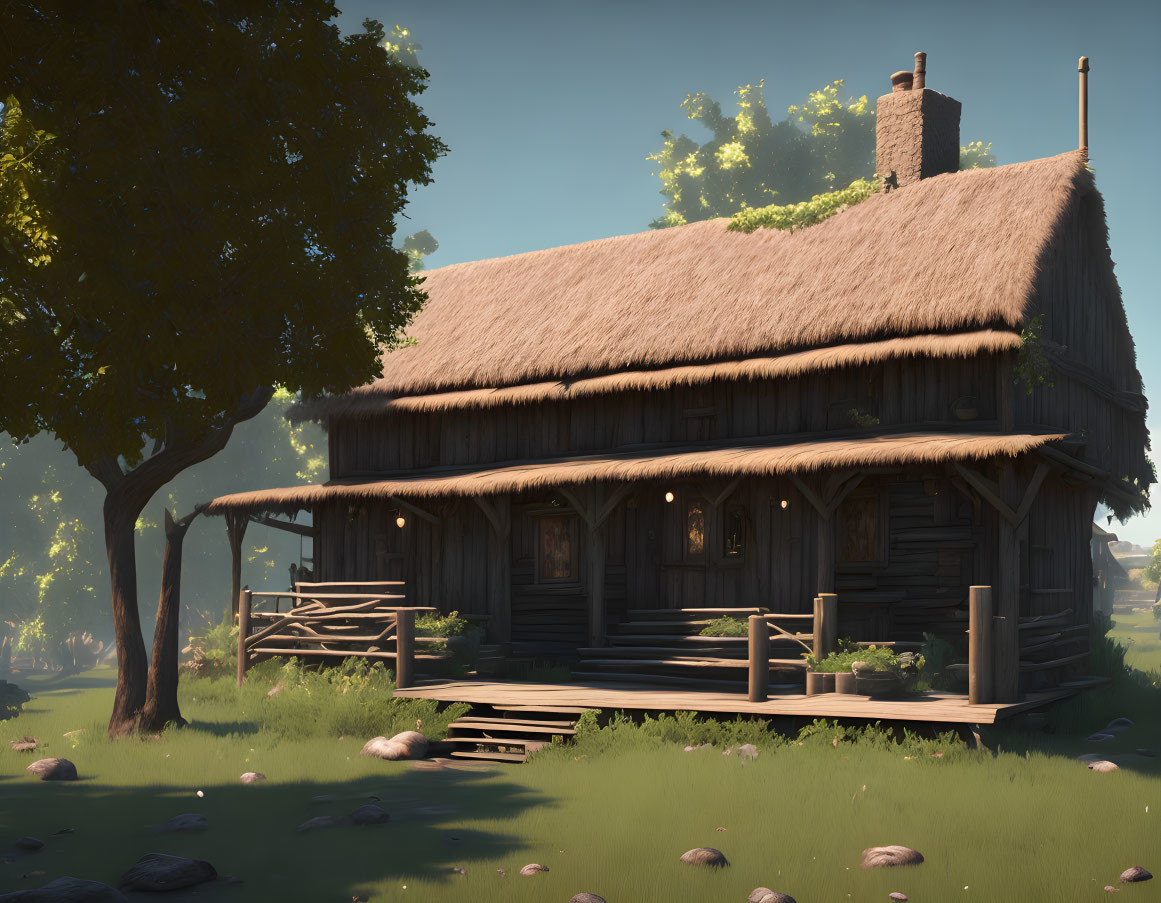 Tranquil forest clearing with thatched-roof cottage