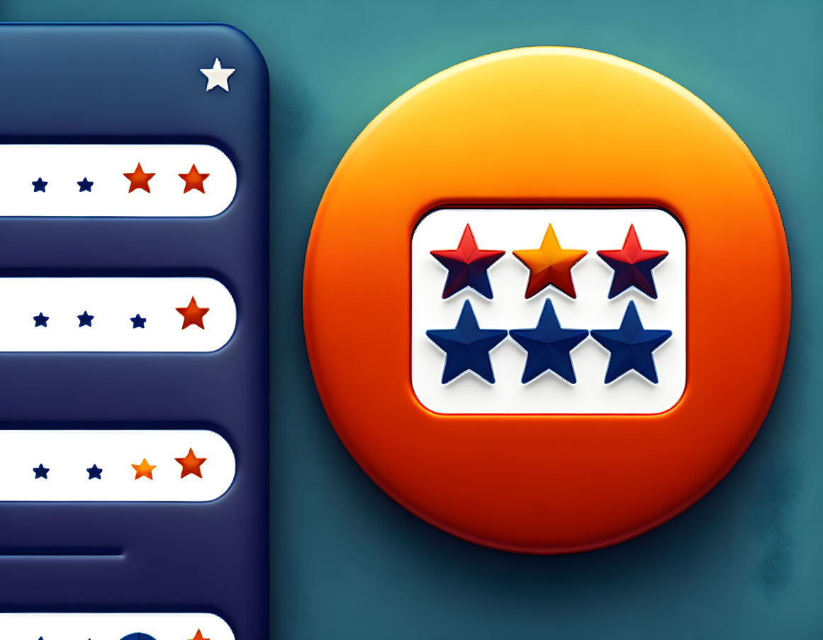 Stylized icon with colorful star rating system and magnified orange button