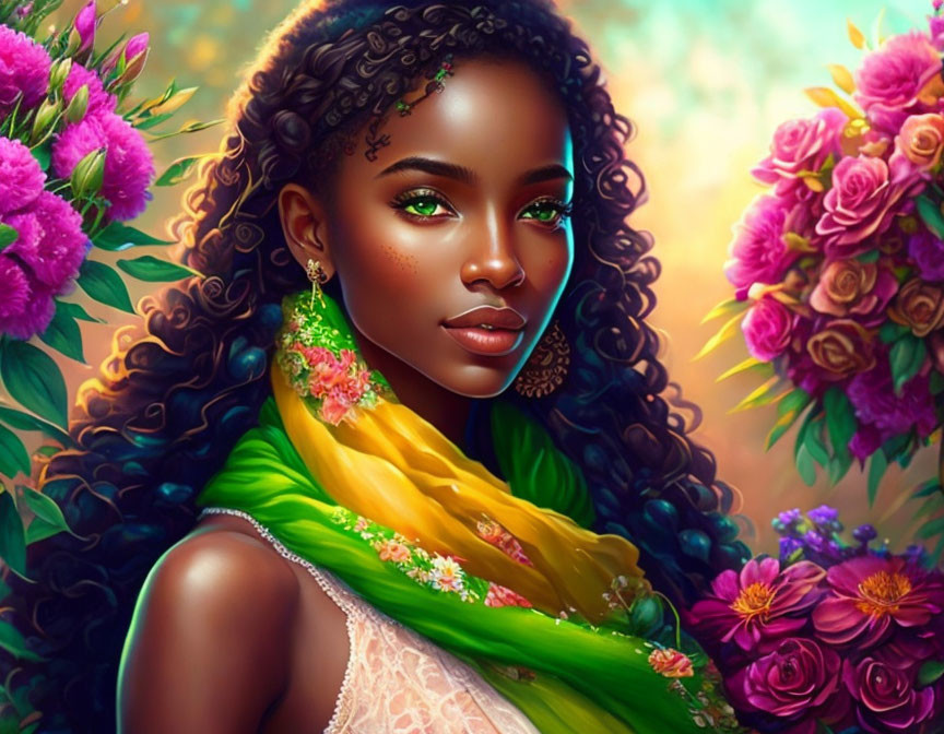 Dark-skinned woman with green eyes, floral earrings, green shawl, surrounded by vibrant flowers
