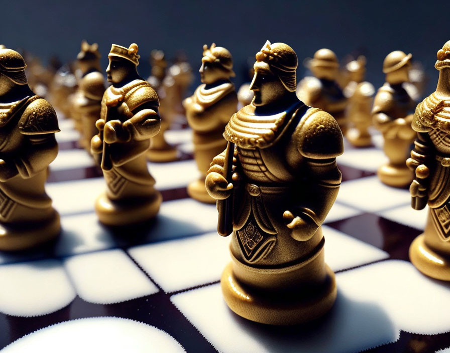 Chessboard Close-Up: Gold and Silver Pieces with Pawn in Foreground