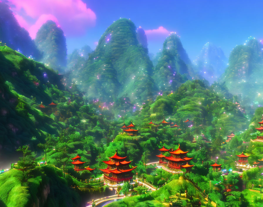 Mystical landscape: lush green hills, red pagodas, serene ambiance