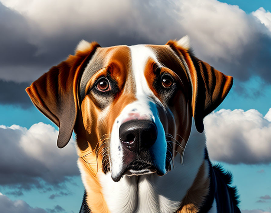 Detailed Illustration: Brown and White Dog with Expressive Eyes and Floppy Ears on Blue Sky