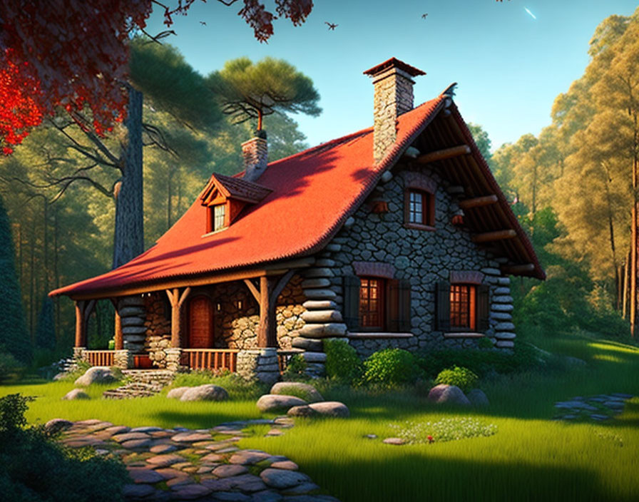 Serene forest clearing with quaint stone cottage and red roof