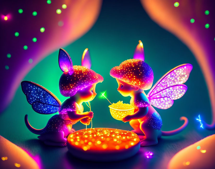 Glowing fairy creatures with rabbit ears and wings in magical scene