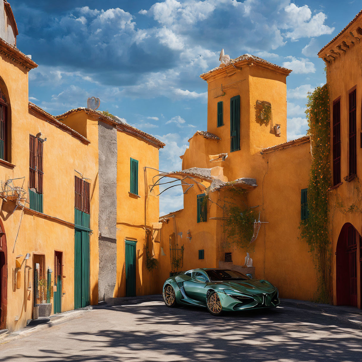 Turquoise sports car parked on cobblestone street by ochre buildings