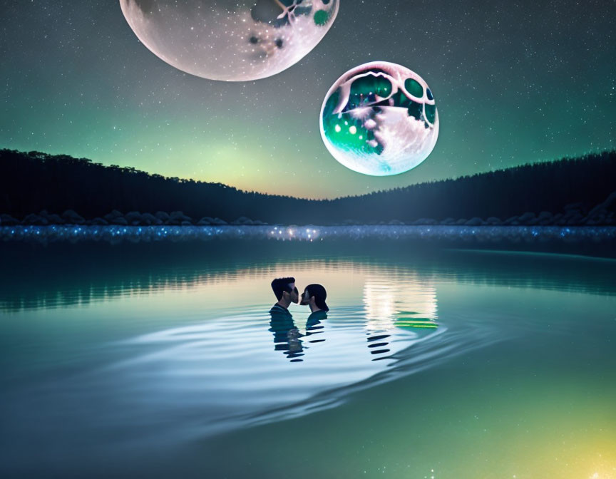 Night scene: two people in lake under surreal moons and starry sky with green aurora glow