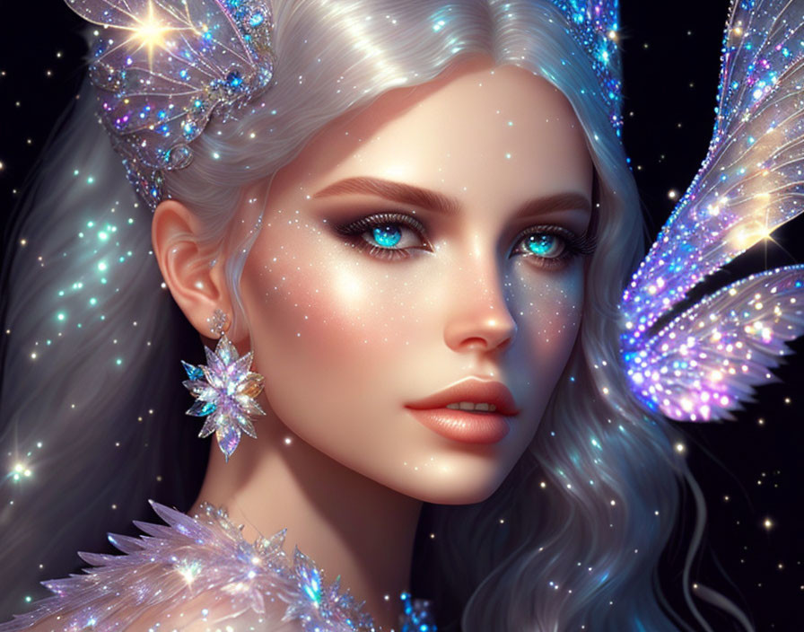 Fantasy portrait of woman with glowing blue eyes and luminous butterfly wings