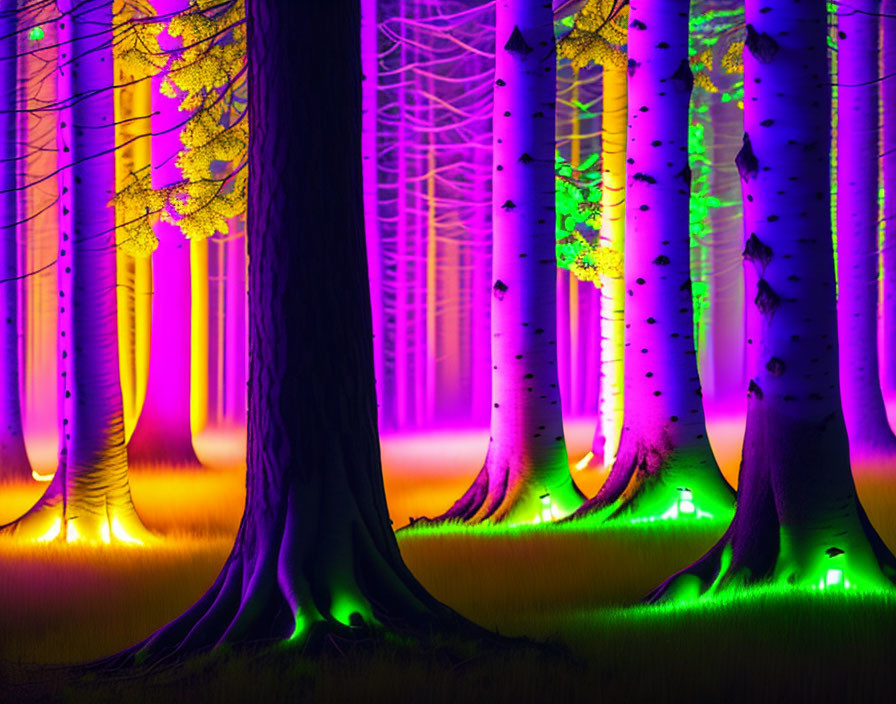 Colorful Forest with Neon Lights Illuminating Tree Trunks