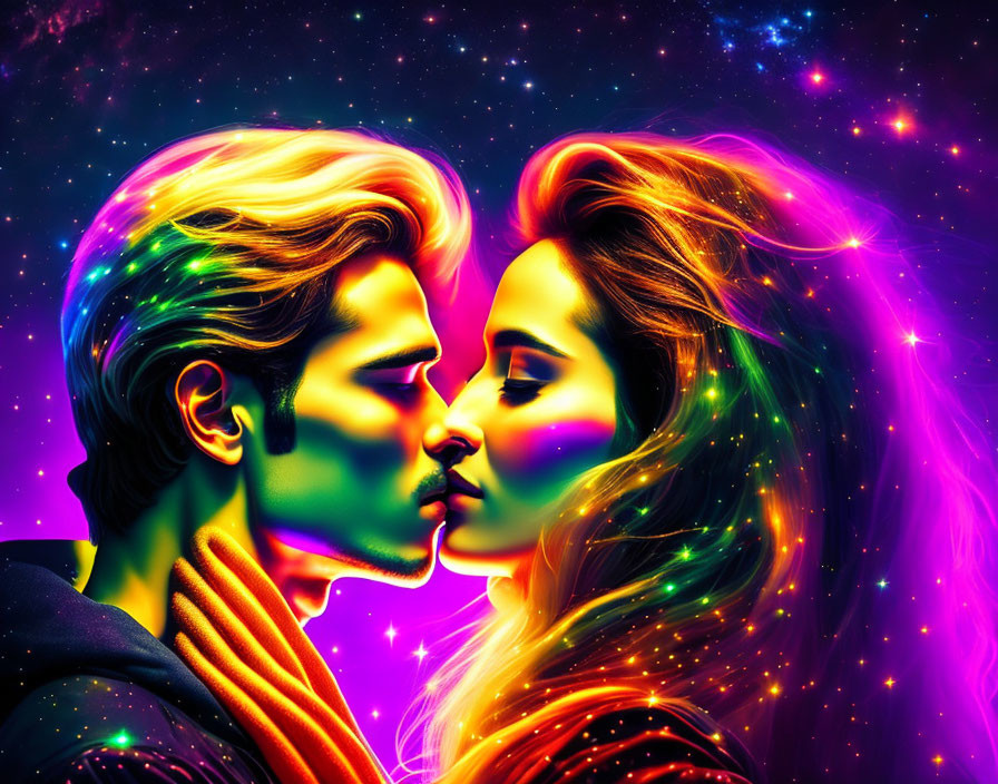 Colorful digital artwork of man and woman in neon-lit embrace