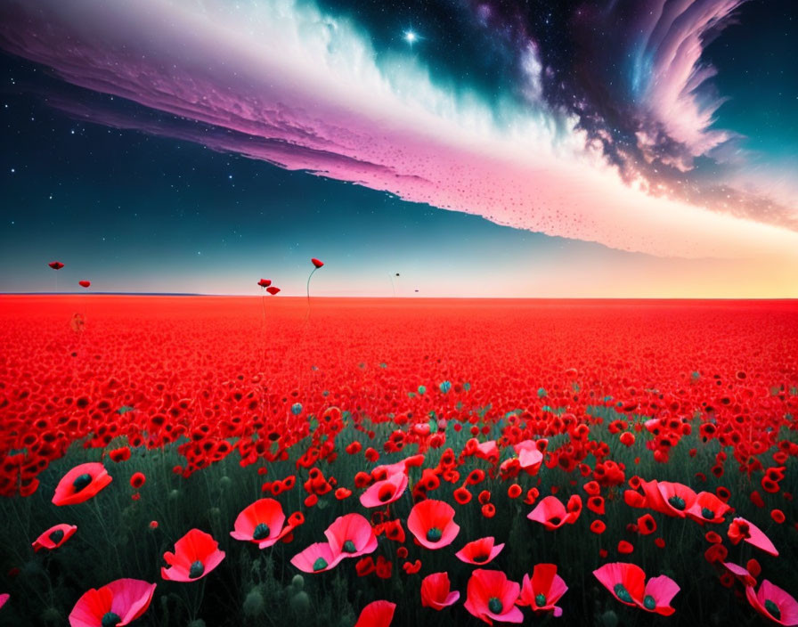 Vibrant red poppies in twilight sky with blue and pink hues