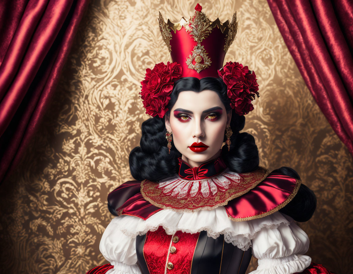 Regal woman with crown, dramatic makeup, Victorian dress, and red flowers.