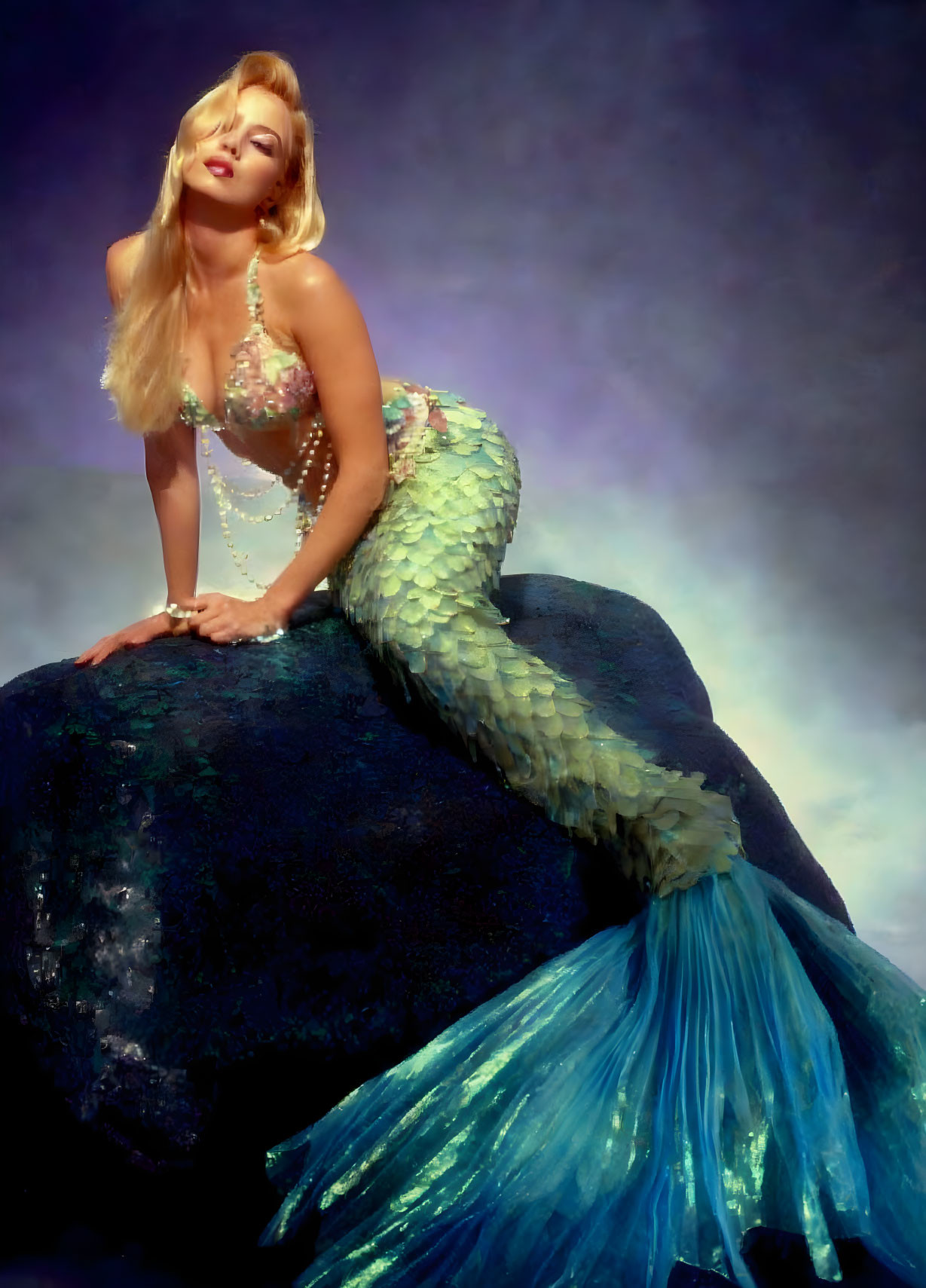 Mermaid costume with blue tail and pearl accessories on rock against cloudy sky