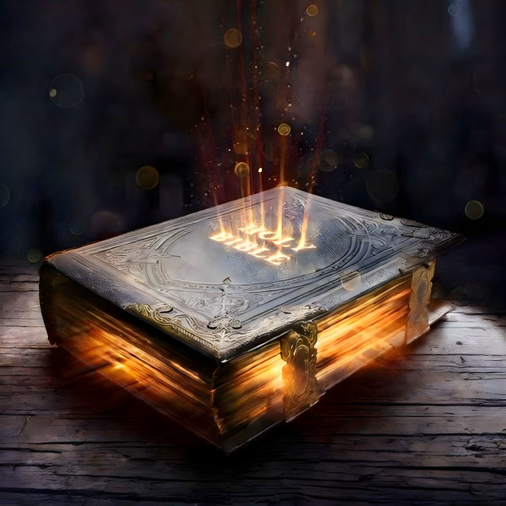 Ancient magical book with glowing pages and mystical symbols on wooden surface