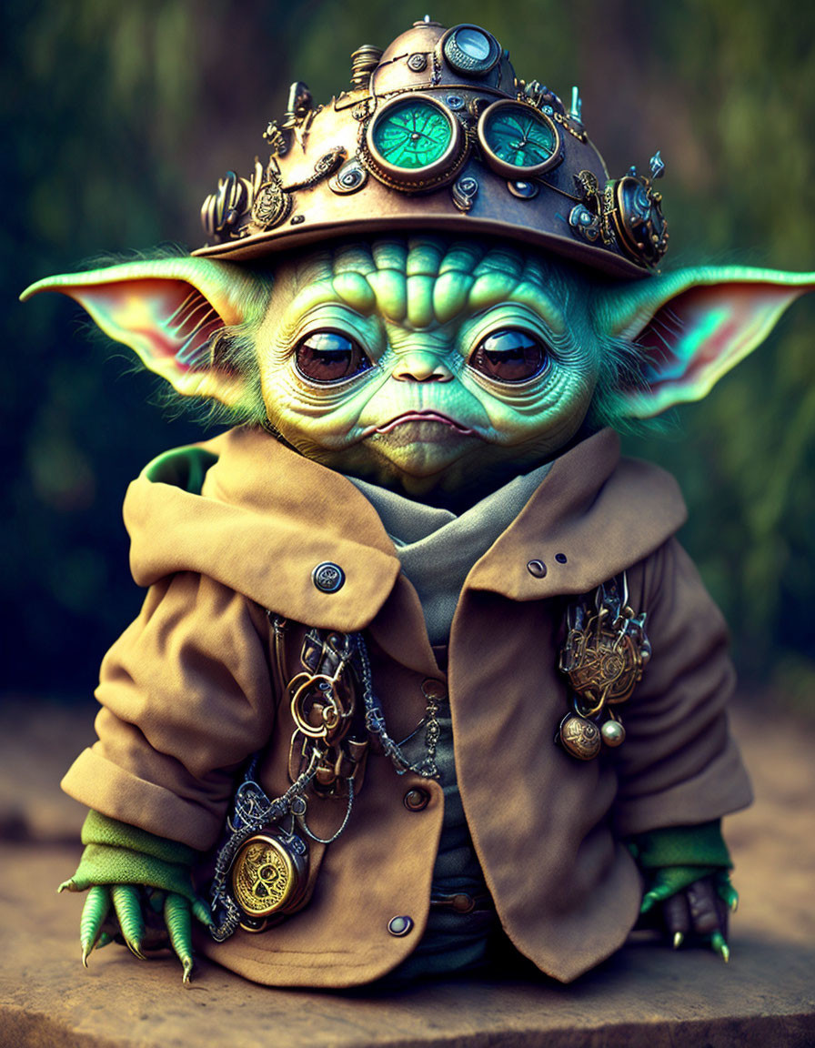 Steampunk-inspired baby creature with large ears and clock-adorned hat.