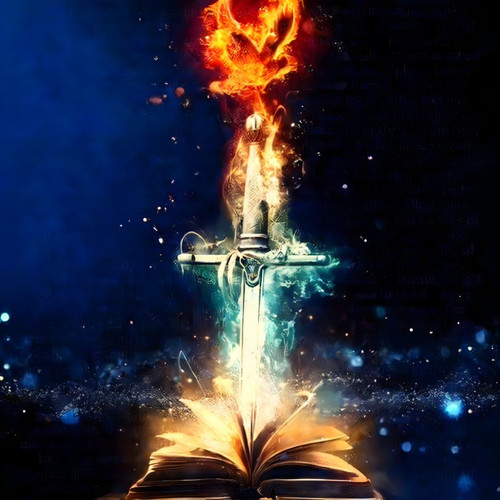 Open book pages turn into fiery sword on blue backdrop.