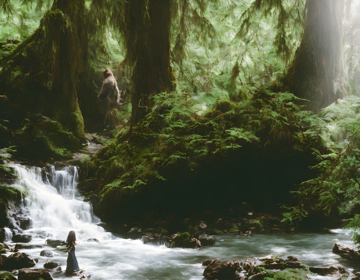 Moss-covered trees by cascading forest stream