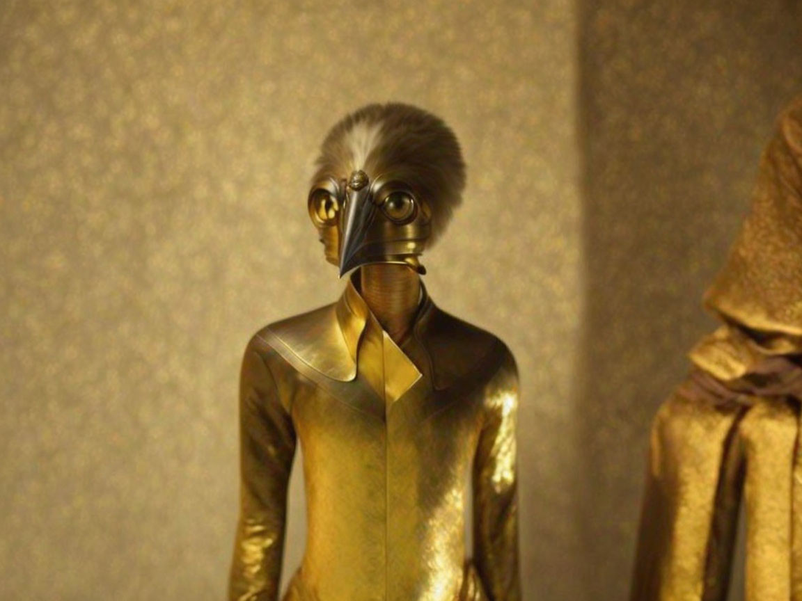 Golden humanoid figure with black goggles on reflective surface against golden backdrop