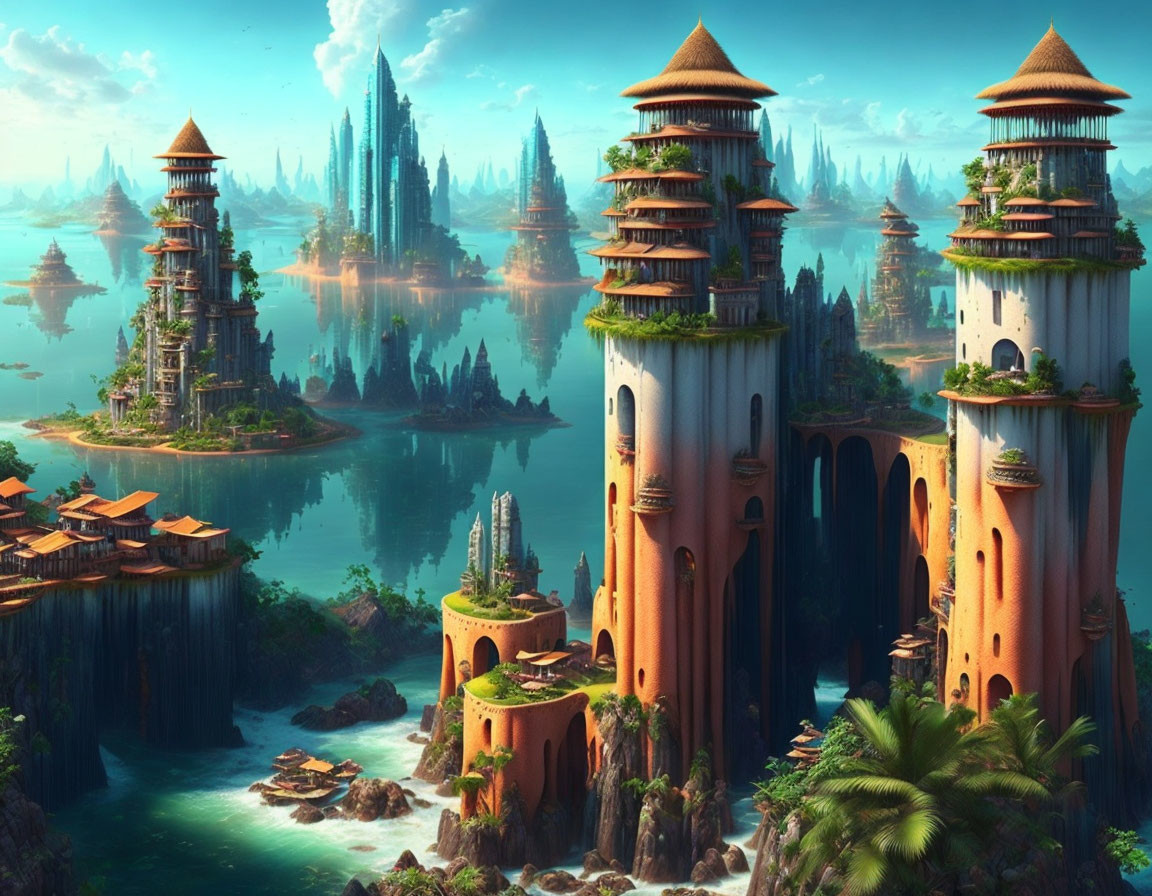 Majestic towers and spires in a fantasy landscape