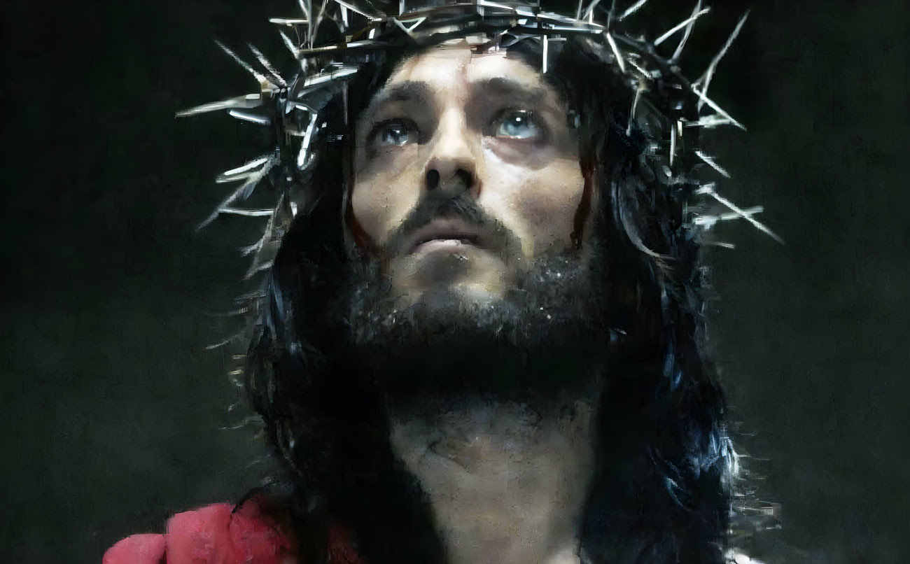 Man with Long Hair and Crown of Thorns in Solemn Pose on Dark Background