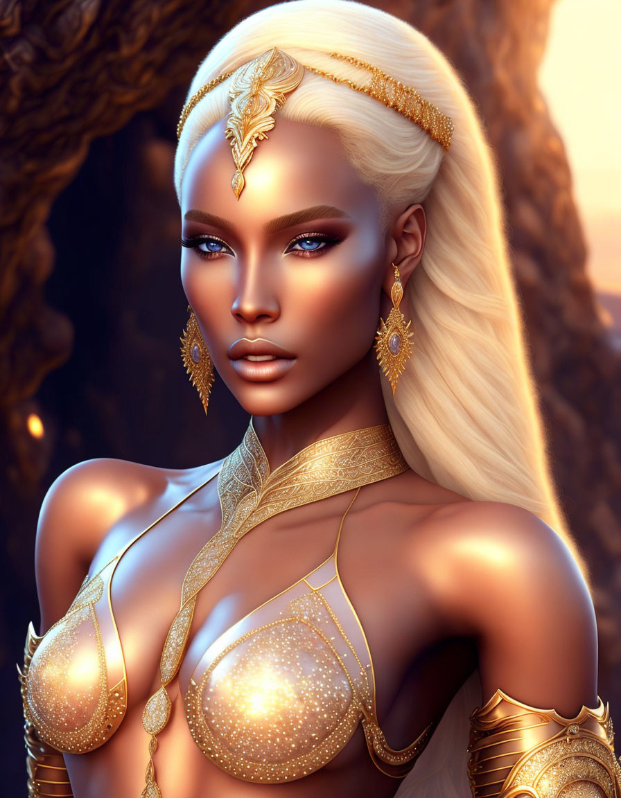 Digital Artwork: Woman with Golden Jewelry and White Hair on Rocky Background