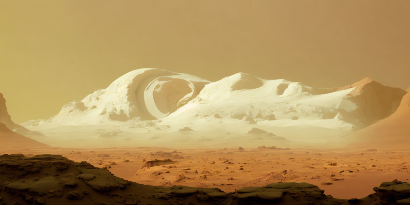 Desolate Martian landscape with snowy cavern and dunes under orange sky