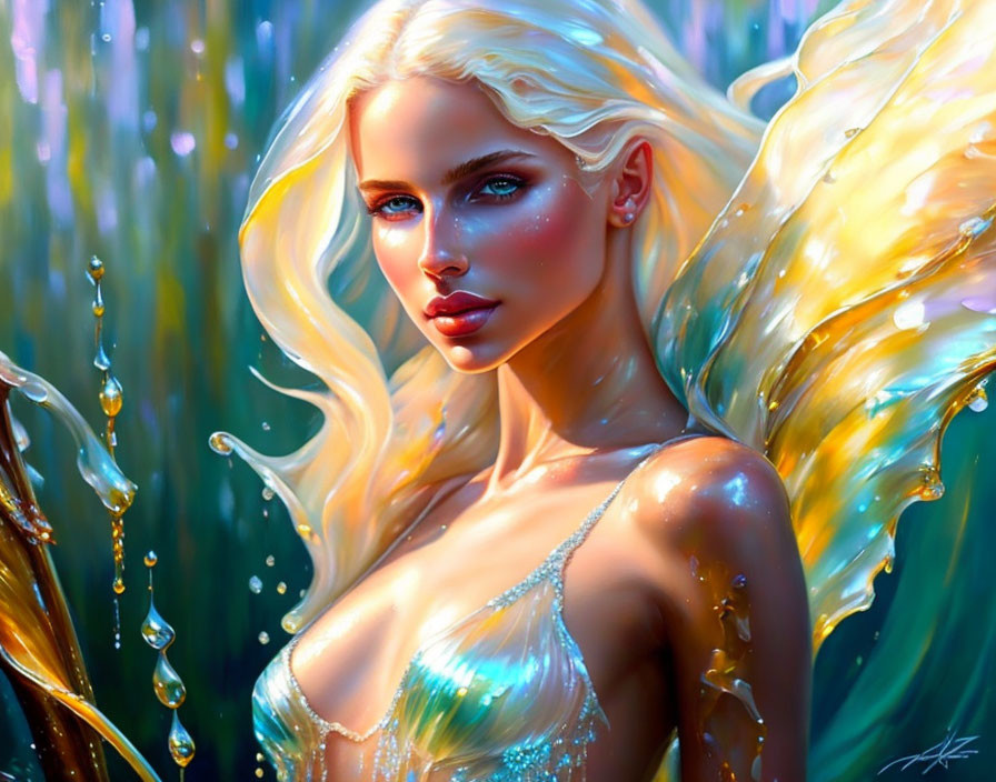 Ethereal woman with golden hair and iridescent skin in radiant light.