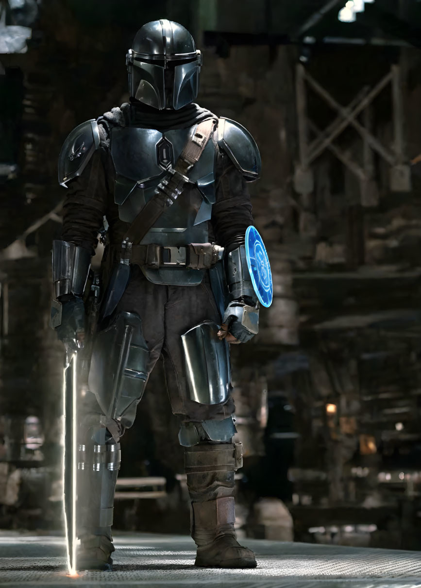 Futuristic knight in metallic armor with blue shield and illuminated sword