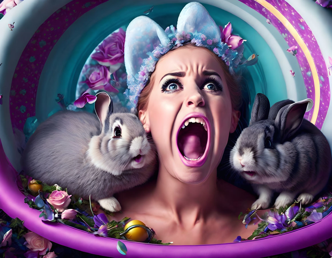 Woman in bunny ears surrounded by rabbits, eggs, and flowers in whimsical Easter scene