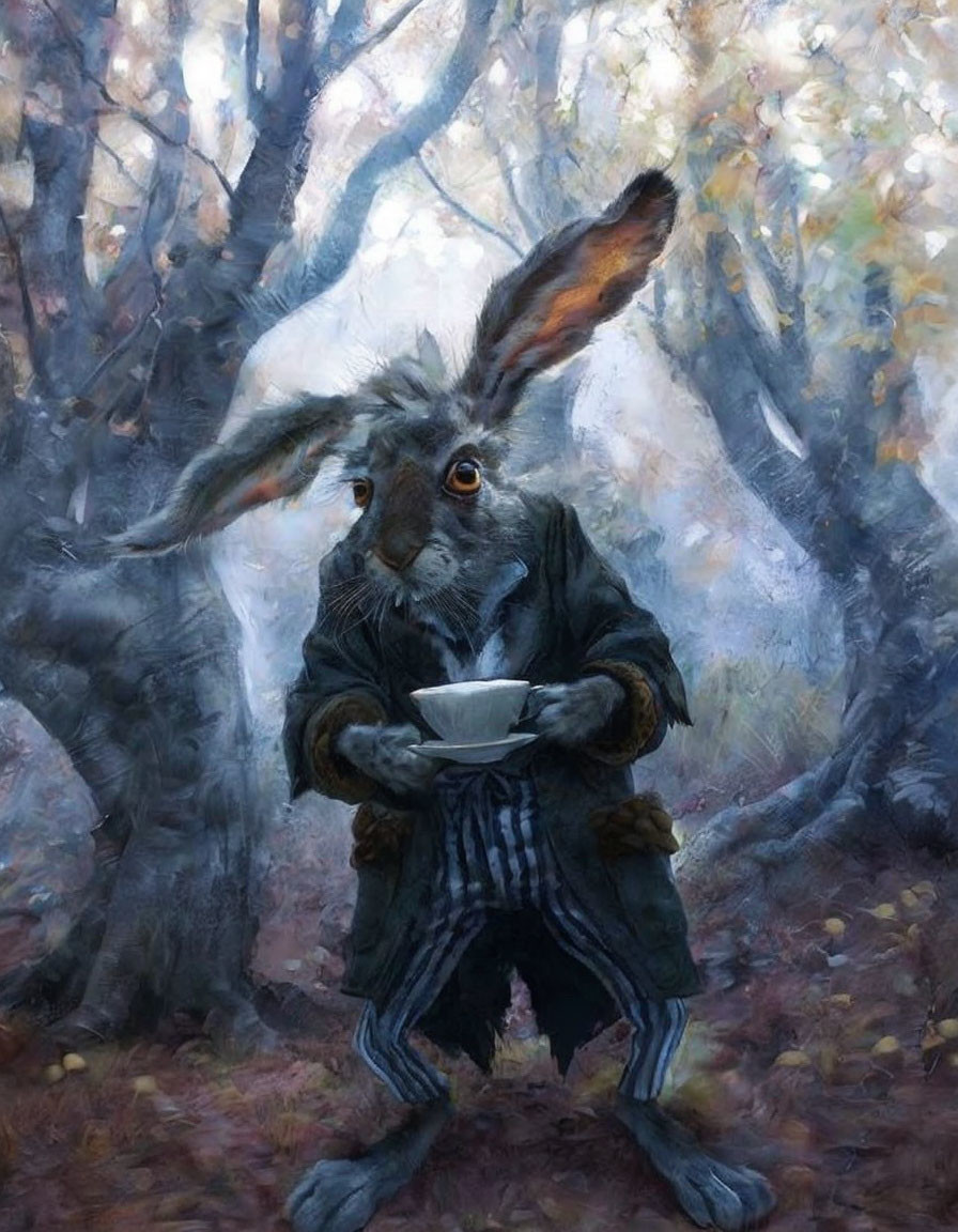 Rabbit in coat and pants with teacup in forest