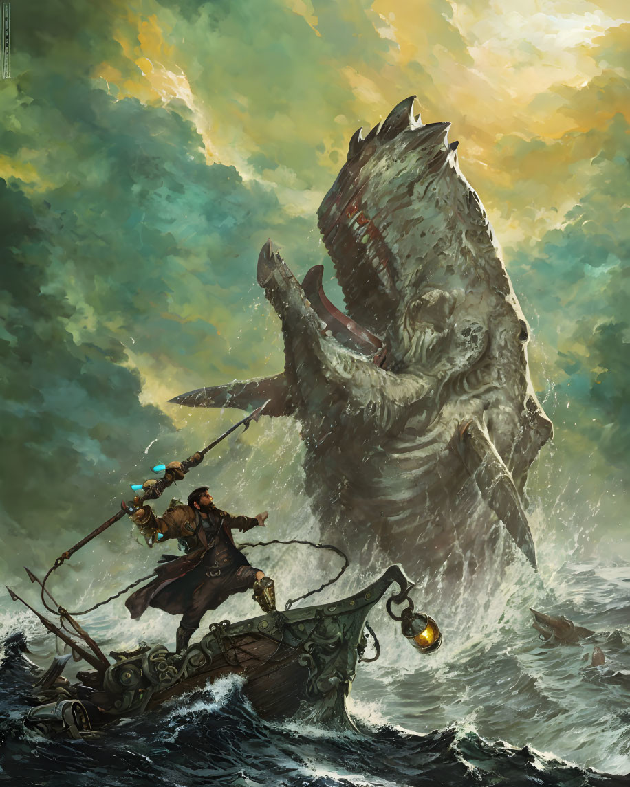 Warrior in boat faces giant sea monster in stormy sky