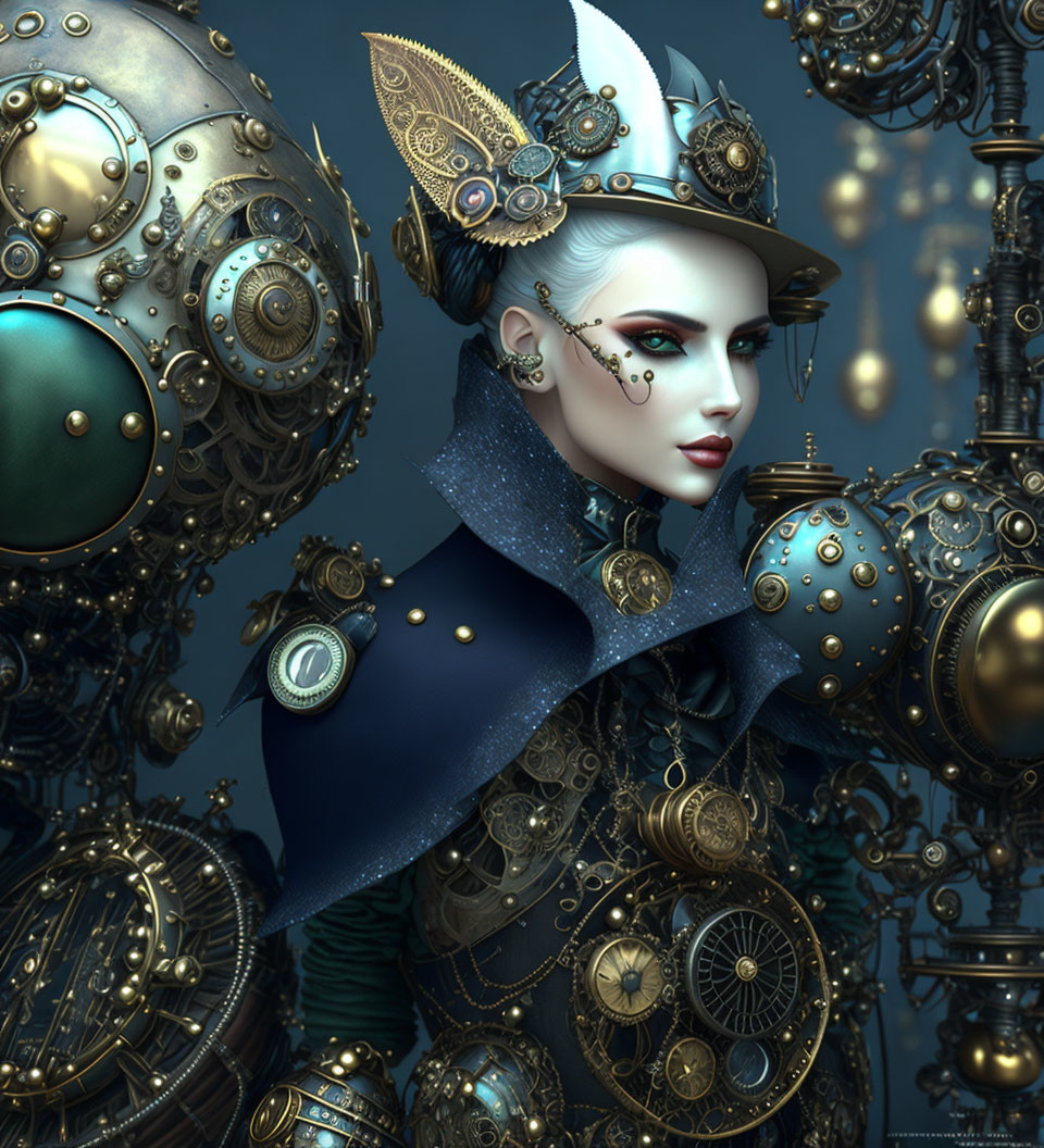 Steampunk-inspired digital artwork with blue and gold mechanical character.