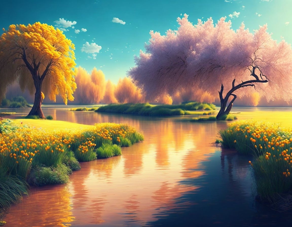 Tranquil Autumn Landscape with River, Trees, and Yellow Flowers