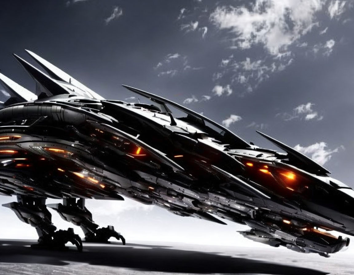 Futuristic black spaceship with glowing orange windows on sleek surface