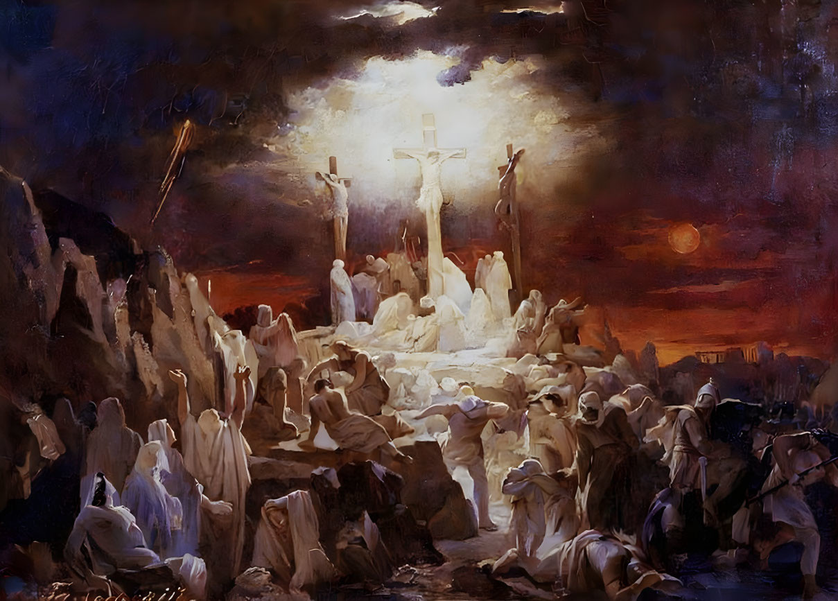 Dramatic painting of crucifixion scene with onlookers under setting sun