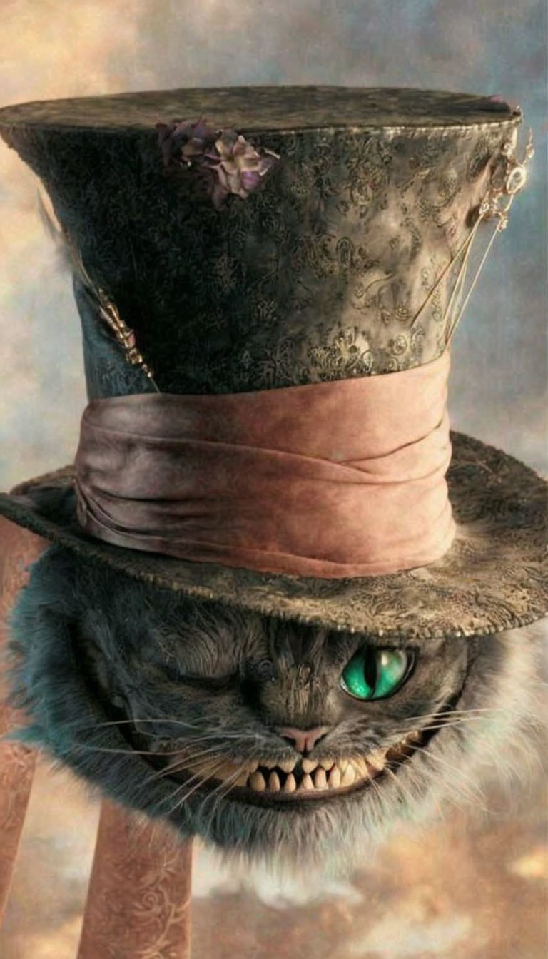 Whimsical Cheshire Cat with ornate top hat and mischievous grin