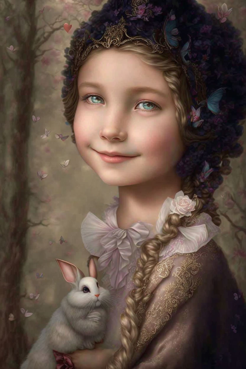 Whimsical portrait of a girl with braided hair and floral headpiece, smiling with rabbit,