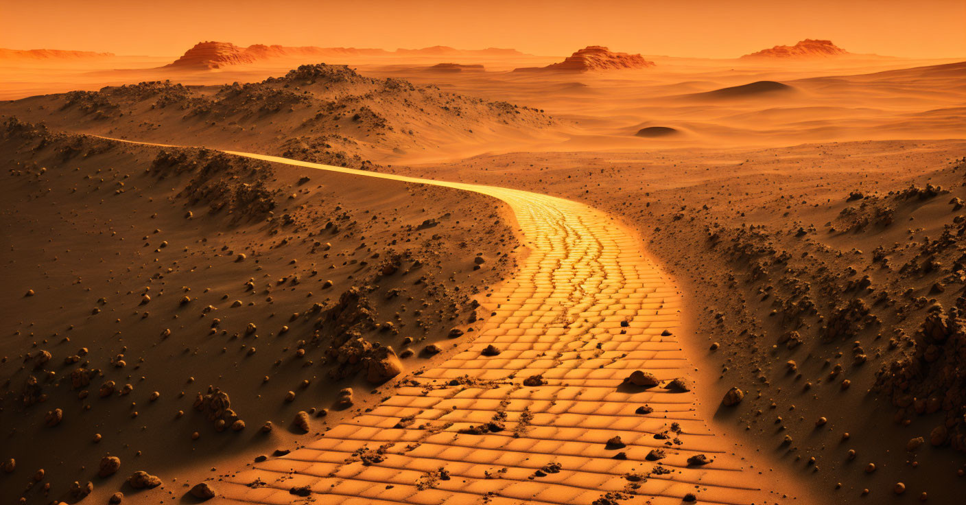 Barren desert landscape with winding cobblestone path