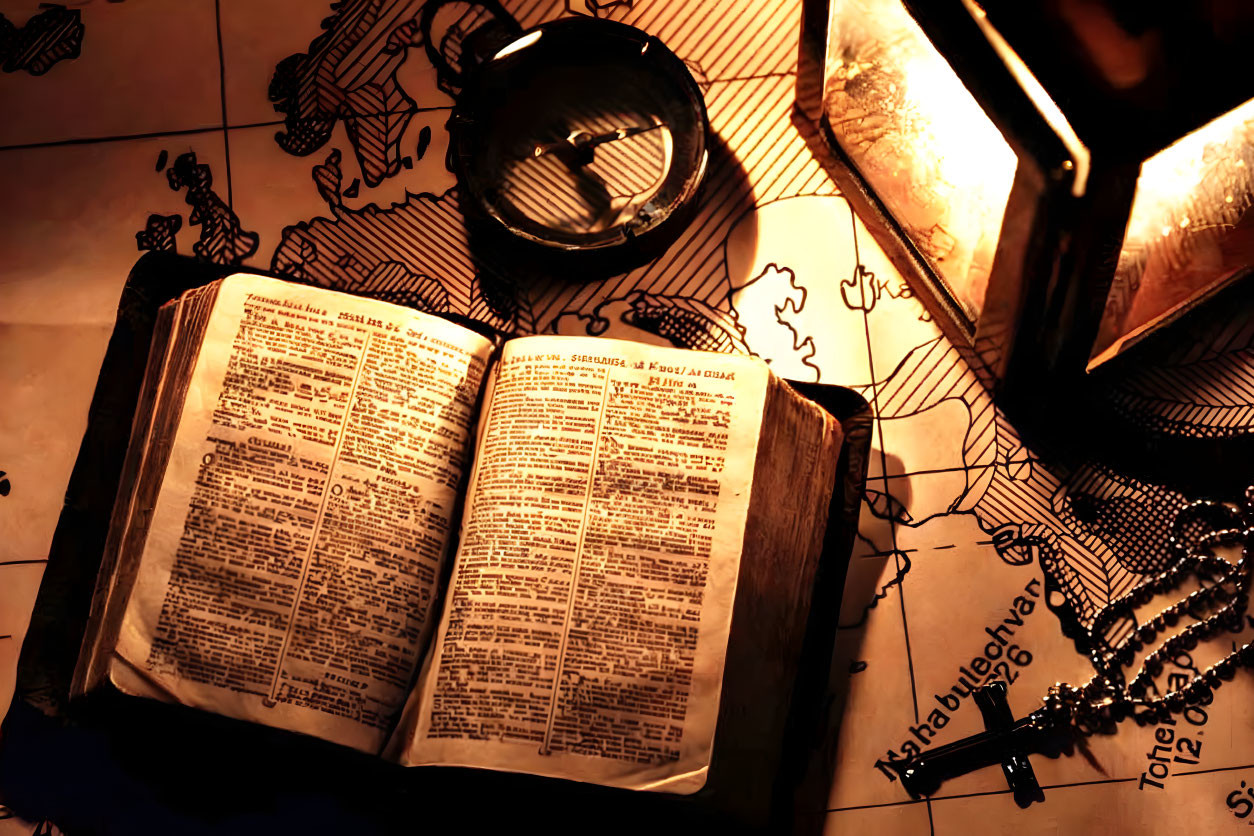 Open book with magnifying glass, beads on map under lantern light