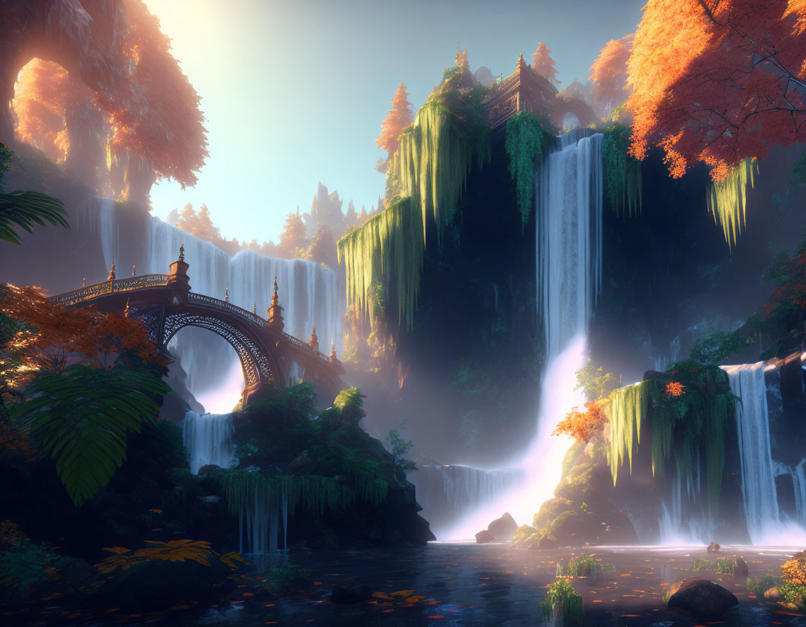 Fantasy landscape with waterfalls, river, lush vegetation, colorful trees, ornate bridge