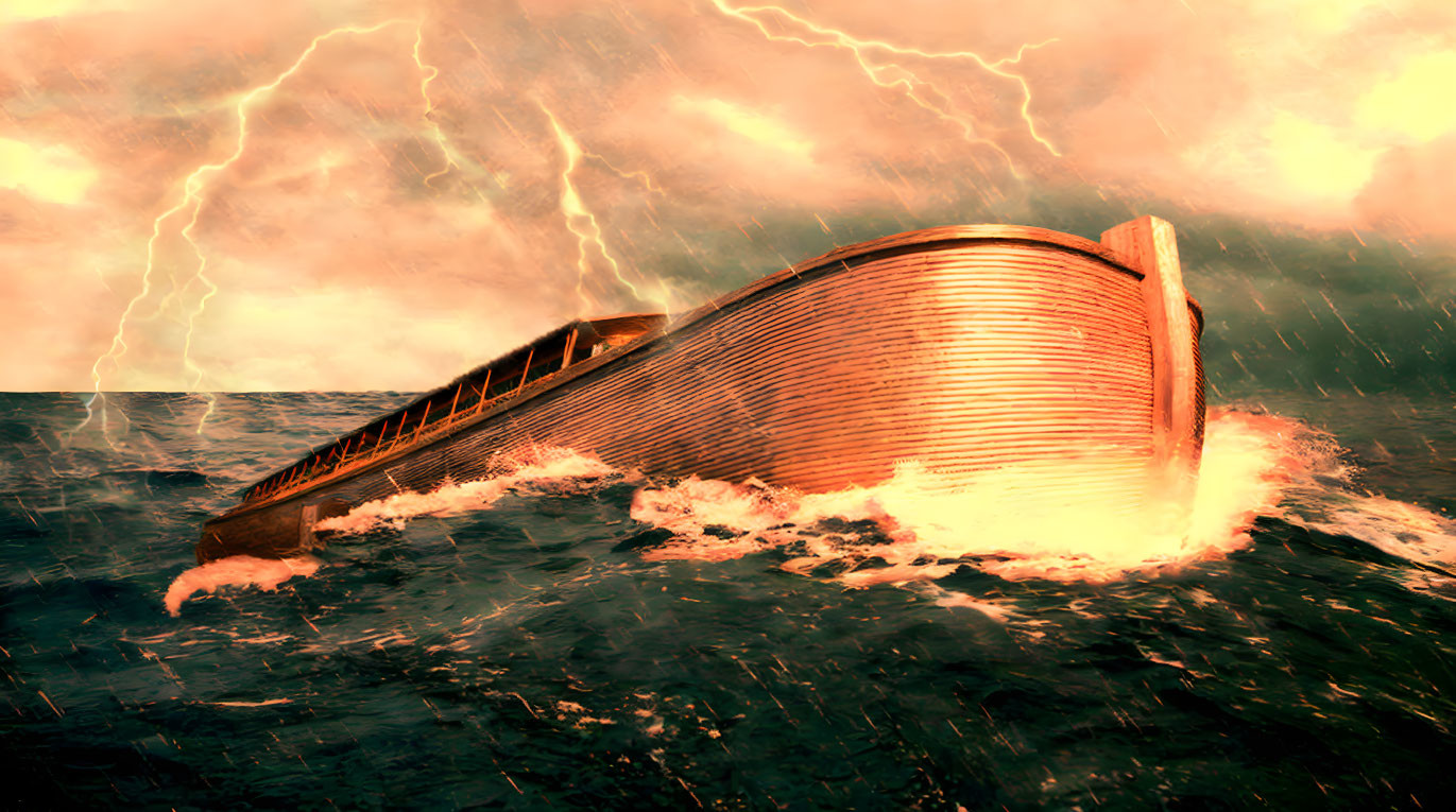 Stormy seas with wooden ark-like vessel and lightning strikes