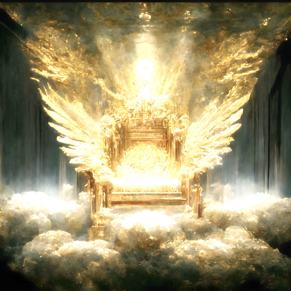 Golden Throne with Radiant Wings in Ethereal Clouds